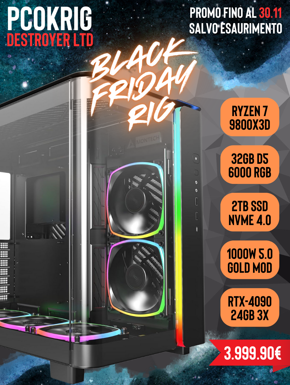 GAMING PC "DESTROYER" | BLACK FRIDAY - RYZEN 7 9800X3D - 32GB D5 6000 RGB - 2TB NVME 4.0 - RTX-4090 24GB